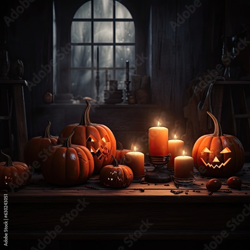 On a cool autumn night, a festive display of pumpkins and flickering candles casts a warm, inviting glow from the windows, inviting in the promise of halloween treats and tricks photo
