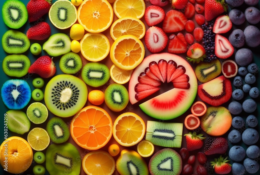 top view of fresh fruits neatly arranged for background. Generative AI. top view of fresh fruits neatly arranged for background. Generative AI.