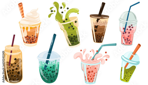 Bubble tea. Bubble tea drinks in plastic glass, different bubble tea, coffee, milk cocktail, milkshake cocktail, espresso, latte or juice cocktail. Cocktail bubble tea vector illustration