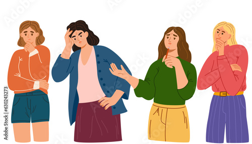 Confused women in doubts and thoughts. Puzzled pensive people worry and think with serious thoughtful expression. Uncertain characters. Flat vector illustration isolated on white background