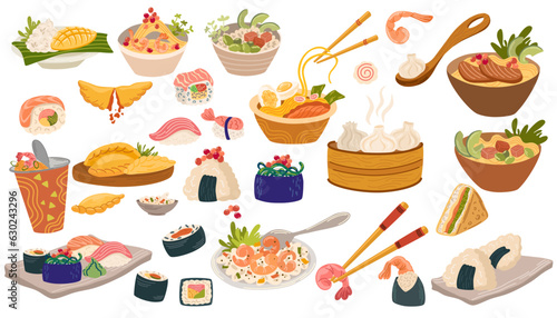 Asian food set. Various Asian food, noodles, sushi, nori, rice, fish, seafood and soy sauce. Vector illustration for menus, cafes, restaurants, printing. 