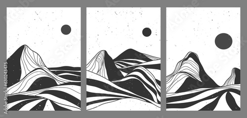 Black and white mountain illustrations. set of creative minimalist modern art print. Abstract contemporary aesthetic backgrounds landscapes. with mountain and the sun