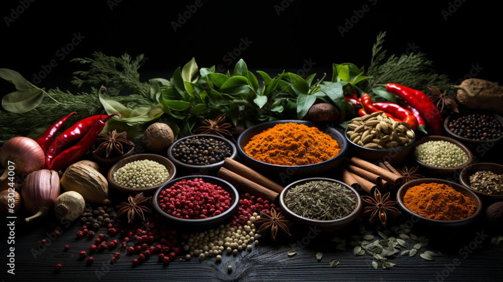spices and herbs on a dark background spices and herbs on a dark background