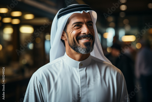 Arabic man indoor smiling while wearing traditional white Shemagh gown with black agal