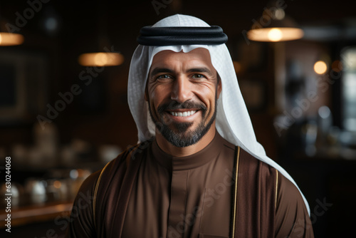 Arabic man indoor smiling while wearing traditional white Shemagh gown with black agal photo