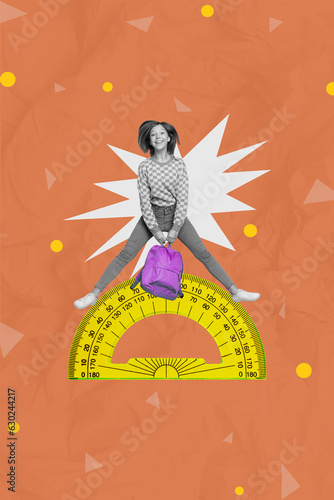 Magazine picture sketch collage image of excited funny small schoolkid jumping holding school supplies isolated orange color background