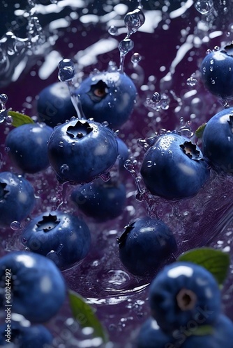 blueberries in water with leaves and water. ai generated images