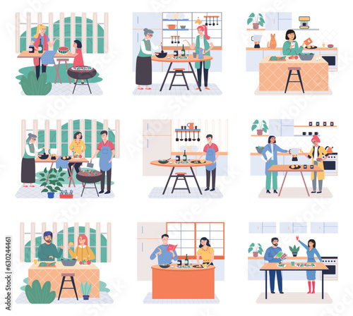 People cooking vegetarian food. Vector illustration. Man and woman with children preparing food for dinner. People cooking. Husband and wife are preparing together. Vegetarian nutrition