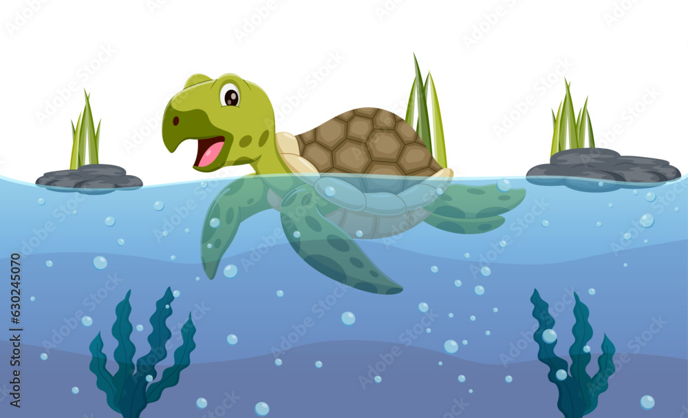 Cartoon sea turtle swimming in the ocean. Vector illustration