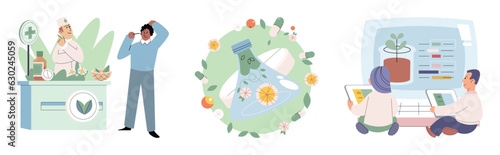 Natural herbal medication researches in laboratory. Traditional medicine concept. Scientist doctors characters make drugs of medical plants, herbal ingredients, extracts, preparing homeopathic recipes