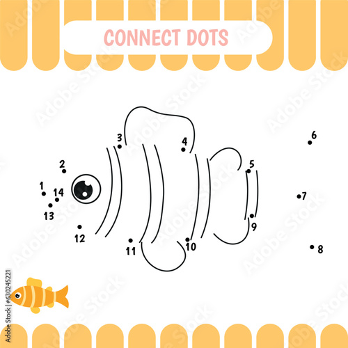 Dot to dot educational game for preschool kids. Activity worksheet. Fish. Vector Illustration.