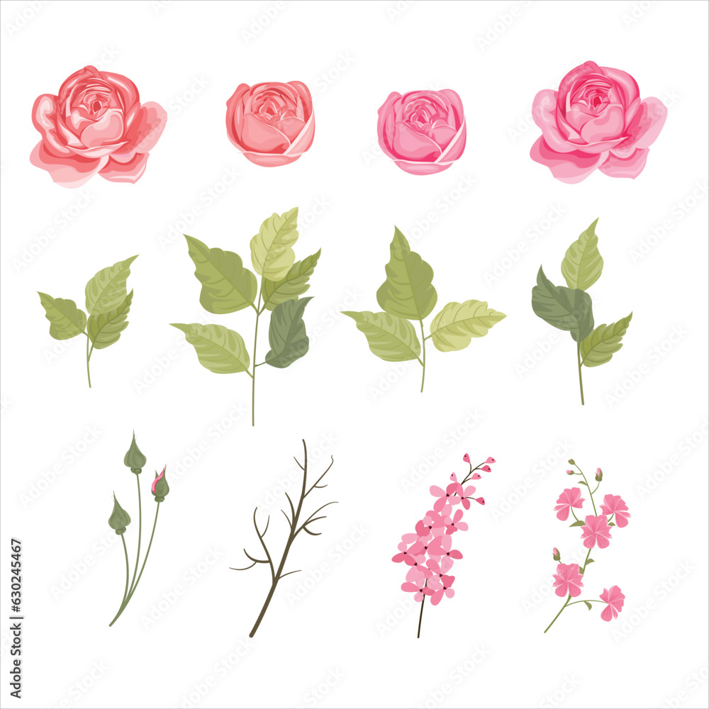 set of bouquet elements of flowers and leaves
