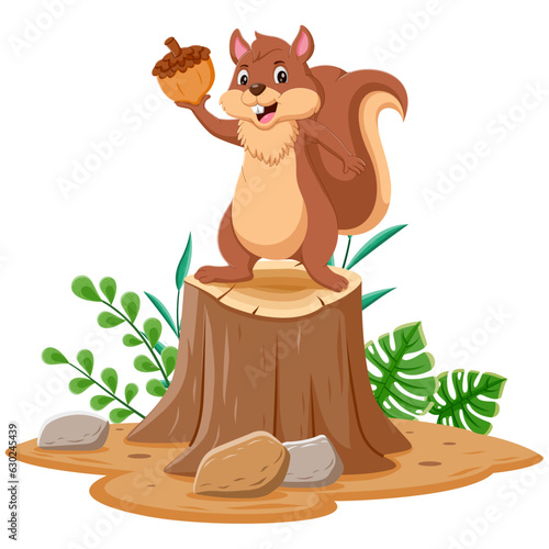 Cartoon funny squirrel holding pine cone on tree stump. Vector illustration