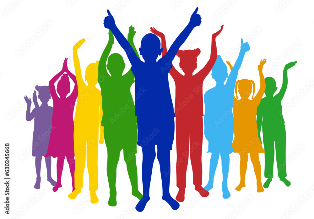 Cheerful crowd of children. Silhouettes of saluting, happy boys and girls. Vector illustration Cheerful crowd of children. Silhouettes of saluting, happy boys and girls. Vector illustration