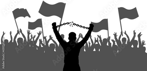 Silhouette of man breaking chain of handcuffs on background of cheerful crowd of people. Concept of freedom. Vector illustration.