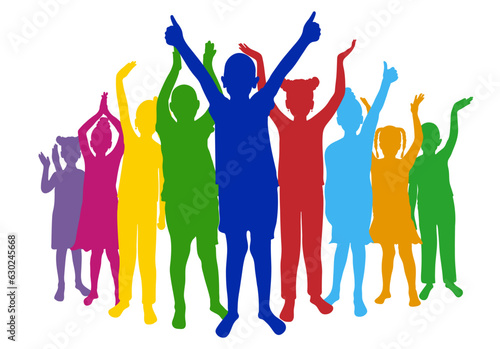 Cheerful crowd of children. Silhouettes of saluting, happy boys and girls. Vector illustration