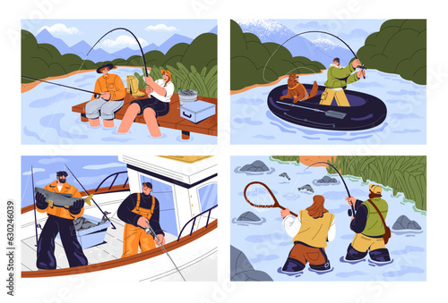 Summer fishing set. Fishermen catch fish on ship, couple with rod on river bank, people in water with fishnet, angling on boat. Professional and amateur fishers. Male hobby. Flat vector illustration