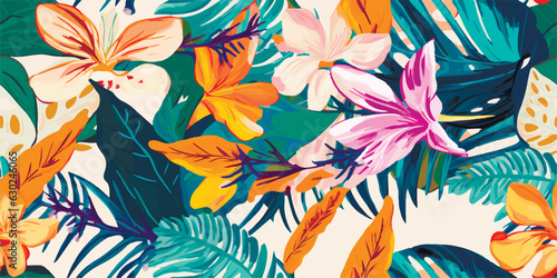 Modern exotic jungle plants illustration pattern. Creative collage contemporary seamless pattern. Fashionable template for design
