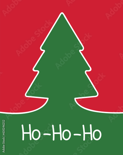 Gretting card witch christmas tree with text hohoho.Christmas card with green fir tree. Vector, printable poster.