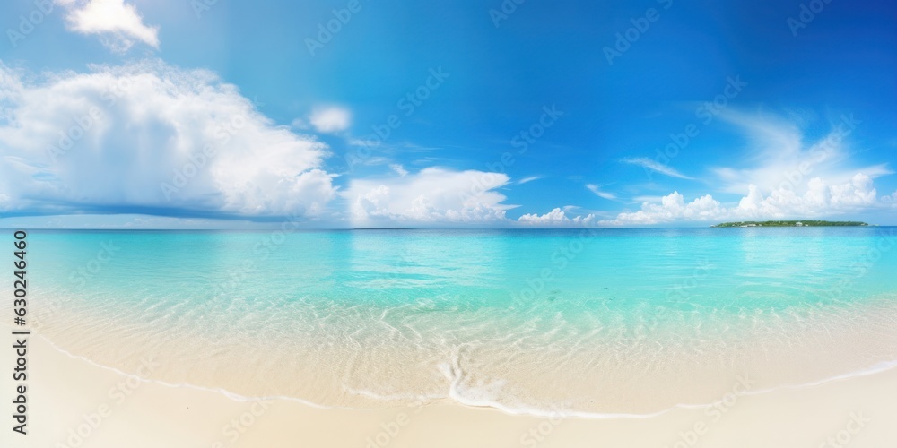 Beautiful sandy beach with white sand and rolling calm wave of turquoise ocean on Sunny day on background white clouds in blue sky. Island in Maldives, Generative AI