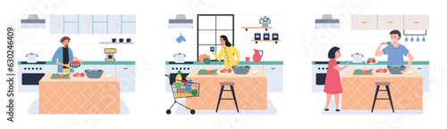 People cooking vegetarian food. Vector illustration. Set of characters cooking meal home. Woman preparing food for dinner. People cooking. Wife preparing healthy alternative from vegetarian nutrition
