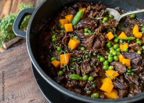 Braised beef with Worcestershire sauce in a pot