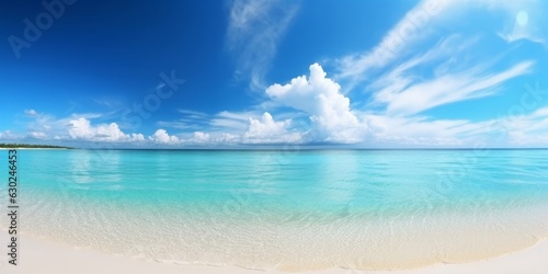 Beautiful sandy beach with white sand and rolling calm wave of turquoise ocean on Sunny day on background white clouds in blue sky. Island in Maldives  Generative AI