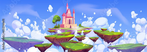 Fantasy background with magic castle on island floating in sky. Game landscape with flying islands with medieval fortress, green grass and clouds, vector cartoon illustration