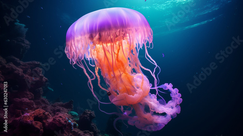 a huge multi-colored jellyfish swims in the depths of the ocean Generative AI