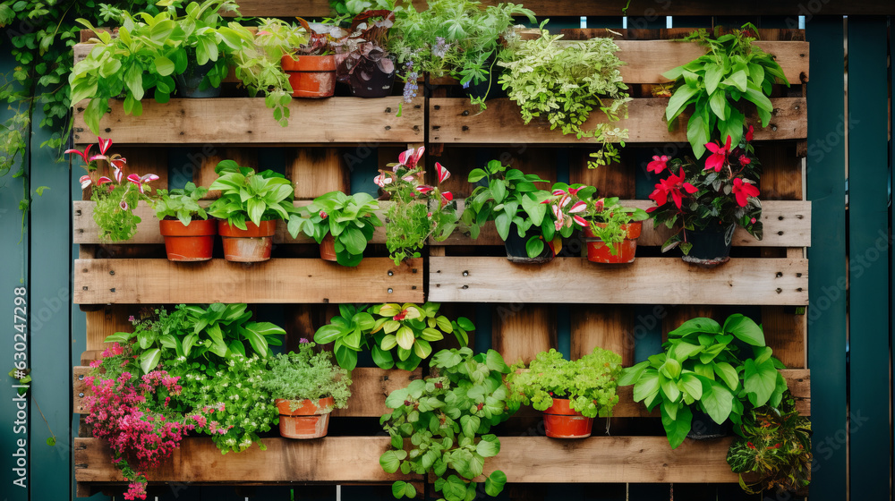 Recycled pallets with hanging plants creating a vertical garden Recycled pallets with hanging plants creating a vertical garden