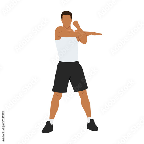 Man doing Standing cross body arm. Shoulder stretch exercise. Flat vector illustration isolated on white background