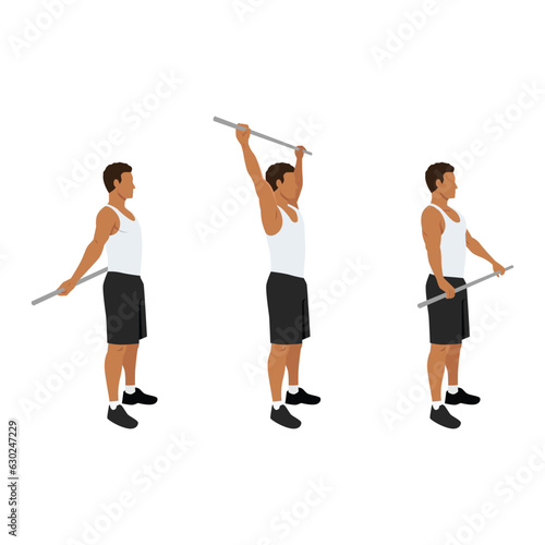 Man doing shoulder pole or broomstick stretch exercise. Flat vector illustration isolated on white background