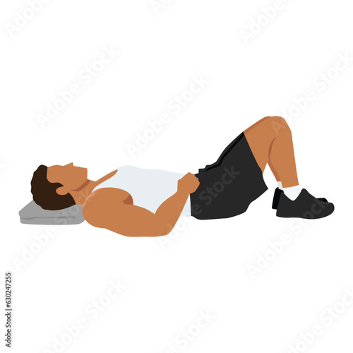 Man doing semi supine laying down or constructive rest position exercise. Flat vector illustration isolated on white background