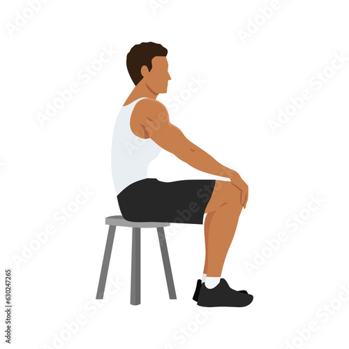 Man doing Seated in self. Athlete do lotus position. Full lotus. Sitting pose. Asana in yoga. Breath holding. Sunken abdomen. Flat vector illustration isolated on white background