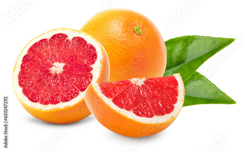 grapefruit with slices and green leaves isolated on white background. clipping path