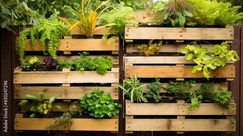 Photo Recycled pallets with hanging plants creating a vertical garden