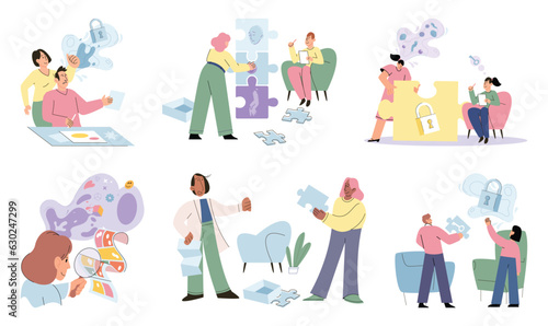 Psychologist and patient with tangled and untangled mind metaphor, doctor solving psychological problems couch consultation, mental health. Online ai therapy. Mental therapy sessions game. Life puzzle