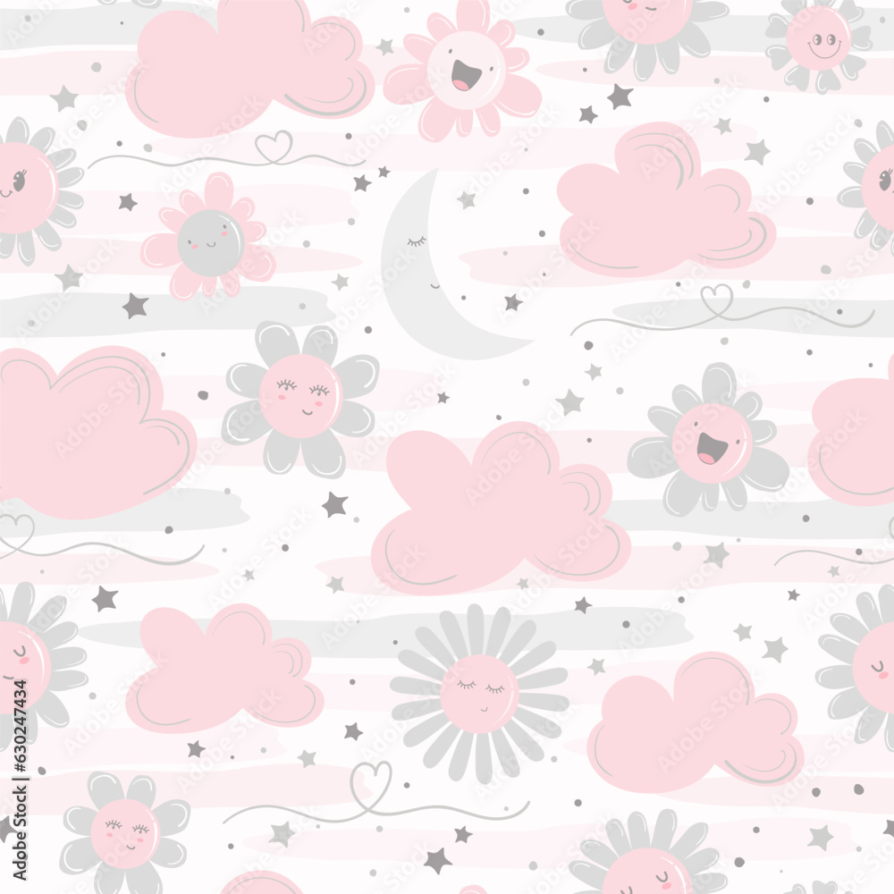 Seamless pattern with sleeping moon and smiling flowers in pale pastel colors. Vector illustration for nursery room decoration and baby textile.