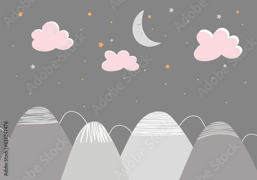 Kid's hand-drawn wallpaper decor in scandinavian style with mountain landscape, clouds and sleeping moon. Vector illustration in pastel colors.