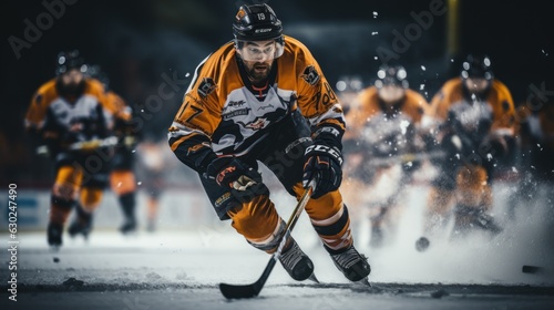 Ice hockey players in a great ice arena Ice Hockey Rink Arena: Professional players shoot ducks with a hockey stick. Focus on 3D Flying Puck with Blur Motion Effect.