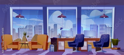 Empty company office in rainy weather. Vector cartoon illustration of room with large windows, desktop computers, armchairs for work and rest, gloomy urban view, rainfall pouring from cloudy sky