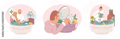 Herbal oils natural medicines. Scientist or doctor making alternative medicine herb, mortar, laboratory glassware plant in tube, flower. Doctor checking medicinal herbs. Herbal medicine. Drug research