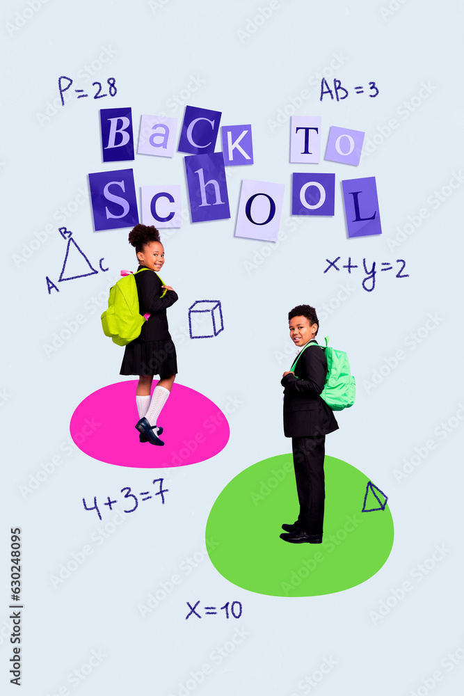 Vertical collage of two positive smart kids carry rucksack go back to school mathematical equation formula isolated on creative background Vertical collage of two positive smart kids carry rucksack go back to school mathematical equation formula isolated on creative background