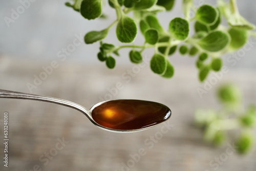 Coleus amboinicus syrup on a spoon, with fresh leaves