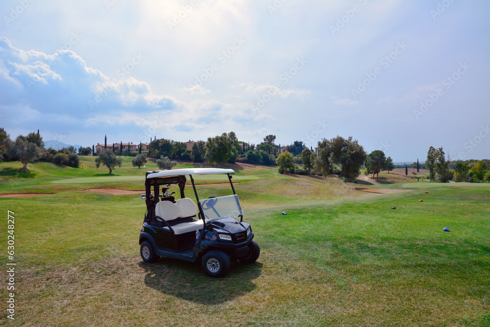 An empty golf cart stands on the lawn of a private golf club. Behind him is a large clearing and a blue sky. Active summer luxury vacation