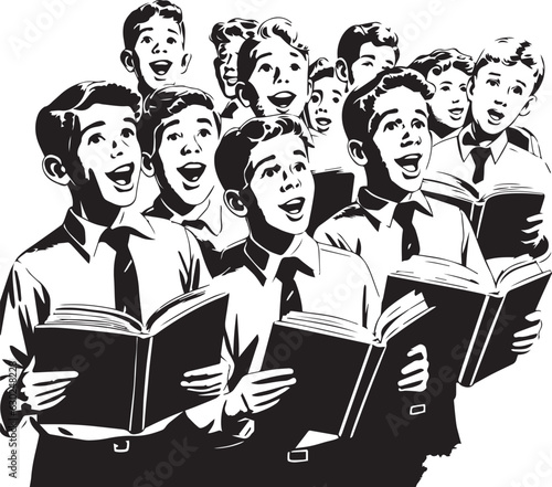 Hand-drawn Retro boys' church choir , Retro comics, American cartoon comic books and pulp novels black vector on a white background, illustration, vector, SVG