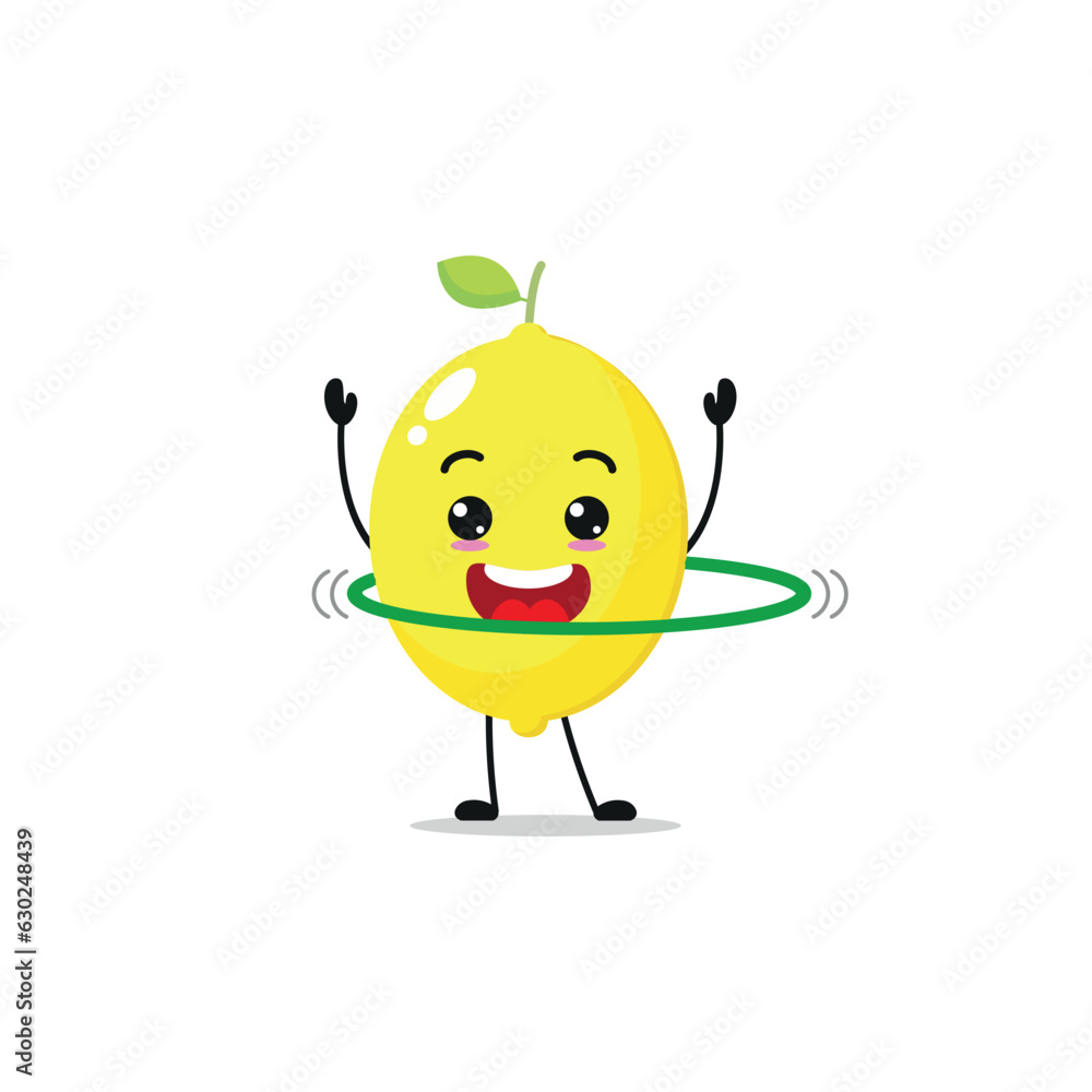 Cute and funny lemon doing hula hoop. fruit doing fitness or sports exercises. Happy character working out vector illustration. Cute and funny lemon doing hula hoop. fruit doing fitness or sports exercises. Happy character working out vector illustration.