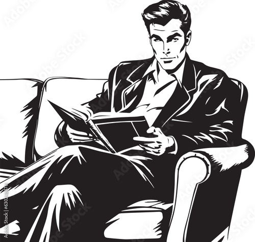 Hand-drawn Retro man is sitting on the couch , Retro comics, American cartoon comic books and pulp novels black vector on a white background, illustration, vector, SVG