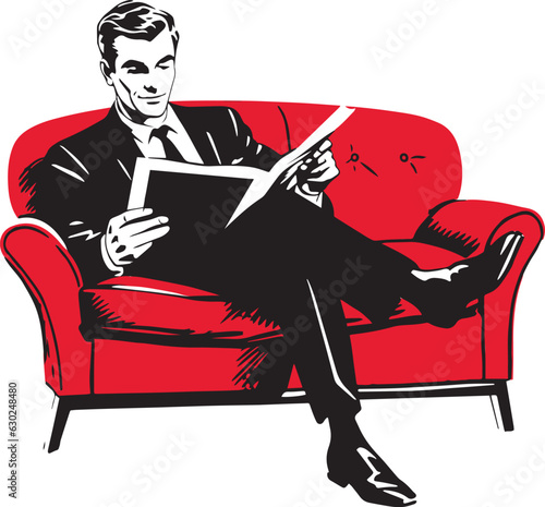 Hand-drawn Retro man is sitting on the couch , Retro comics, American cartoon comic books and pulp novels black vector on a white background, illustration, vector, SVG