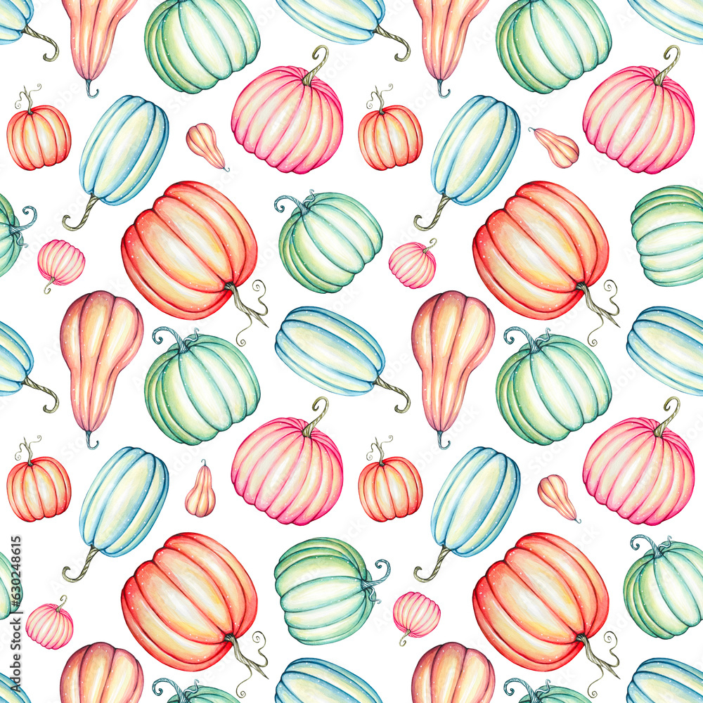 Watercolor pattern with bright pumpkins Watercolor pattern with bright pumpkins